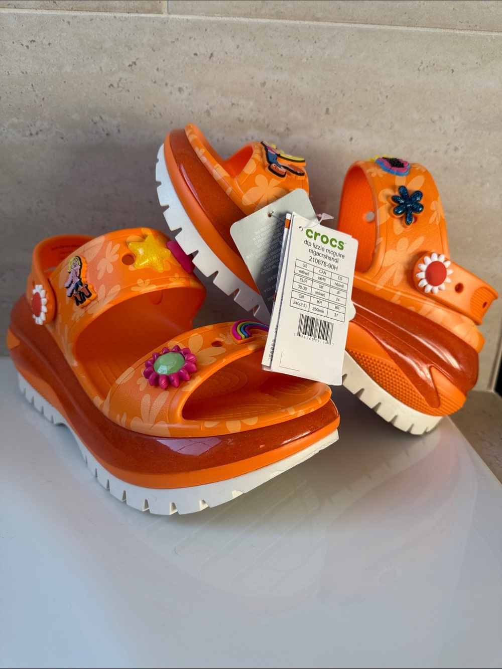 CROCS Lizzie McGuire Orange Floral Platform Sandals with Jibbitz Charms